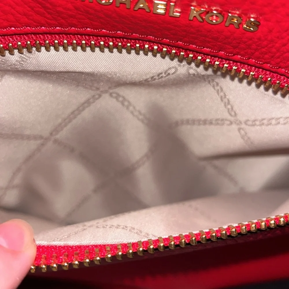 Michael Kors Rhea Zip Vegan Pebbled Leather Slim Backpack Bright Red Gold EUC